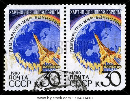 USSR - CIRCA 1990: Two stamp printed in USSR shows image of the Charter for a New Europe circa 1990.