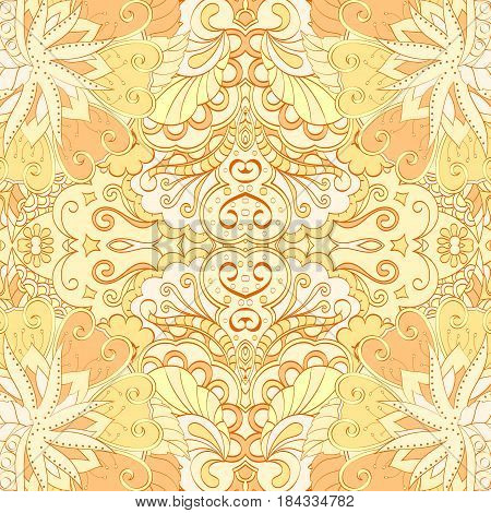 Tracery Seamless Calming Pattern. Mehendi Design. Ethnic Orange Doodle Texture. Indifferent Discreet