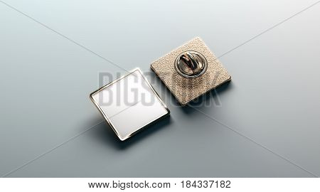 Blank white gold lapel badge mock up front and back side view 3d rendering. Empty luxury hard enamel pin mockup. Golden clasp-pin design template. Expensive square brooch for logo presentation.