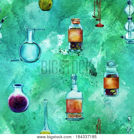 Vintage Science seamless background pattern with chemistry objects. Jars, bottles, containers, apparatuses, hand painted in watercolours on a blue green background, forming a repeat print