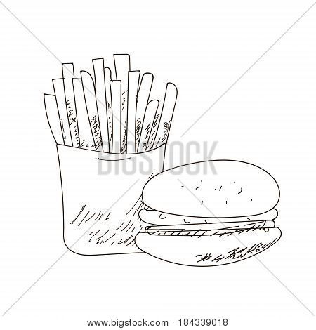 Set of fastfood hand-drawn outline drawings on white background. sandwich burger. Black lines.