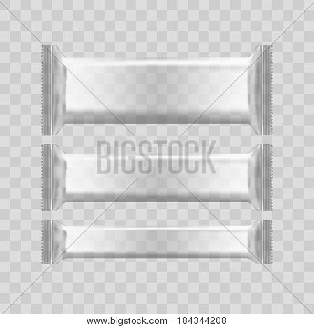 Realistic Transparent Blank Template Foil Packages For Food, Snack Chips, Candy Or Chocolate. Plasti