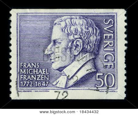Švédsko - cca 1972: Razítko, vytištěné ve Švédsku ukazuje obraz Portrét Frans Michael Franz (9 Februar