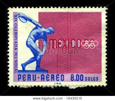PERU - ca. 1968:A Stempel gedruckt in PERU ein Bild zeigt der Olympischen Sommerspiele 1968, offiziell wissen