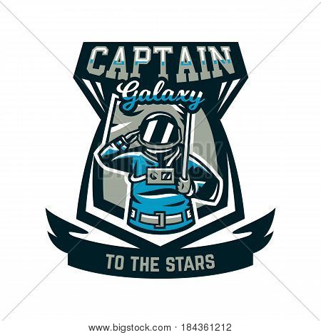 Emblem, logo, an astronaut salutes and holds a flag. Flight to the moon, space, intergalactic journey, universe, shield. Vector illustration, printing on T-shirts.