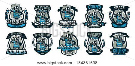 A set of emblems, logos, an astronaut salutes and holds a flag. Flight to the moon, space, intergalactic journey, universe, shield. Vector illustration, printing on T-shirts.