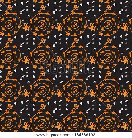orange circles on black background, hand drawn vector pattern, seamless pattern with doodles and flowers