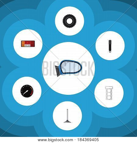 Flat Component Set Of Car Segment, Tachometr, Wheel And Other Vector Objects. Also Includes Mirror, Car, Valve Elements.