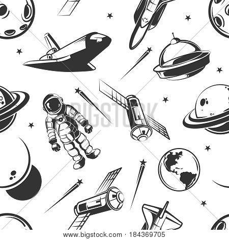 Astronaut space traveling vector seamless pattern in vintage style. Astronaut and space ship seamless pattern, illustration of astronomy planet and cosmonaut with rocket spaceship