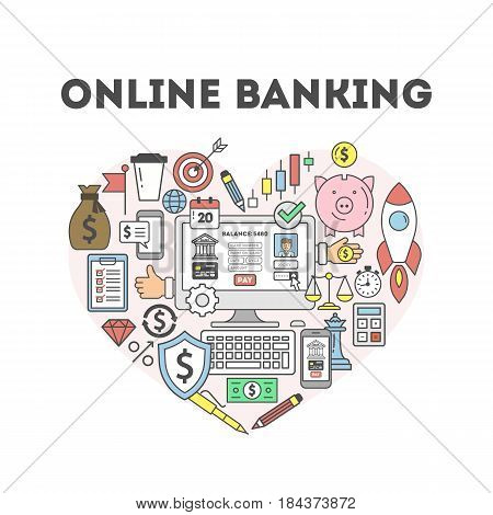 Online banking illustration concept. Signs and icons on white sbackground.