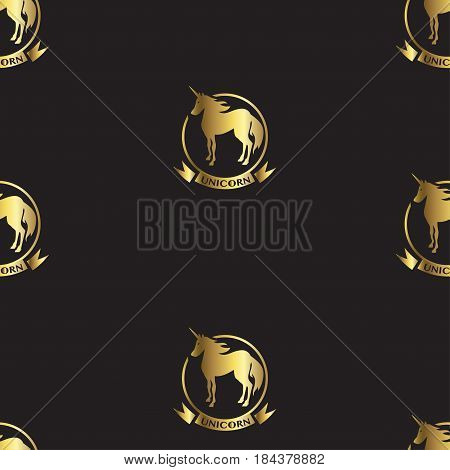 Gold unicorns on black background seamless pattern.