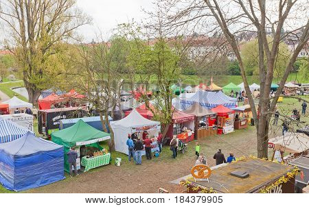 PRAGUE CZECH REPUBLIC - MAY 01 2017: Festival of microbreweries Prvni Pivni Maj took place 1st of May in Prague near Brevnov Monastery. 20 Czech and Moravian mini breweries were presented