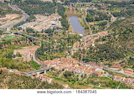 Monistrol de Montserrat overlook, town at the bottom of the Montserrat Mountain, Catalonia, Spain