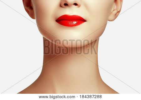 Loseup Shot Of Perfect Lips. Sexy Woman's Mouth. Smiling Young Girl. Natural Plump Full Lips With Br