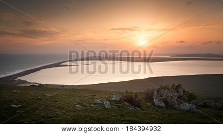 Sunset over the lakes. Opuk. Crimea. Russia