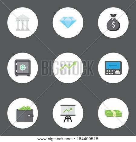 Flat Billfold, Strongbox, Jewel Gem And Other Vector Elements. Set Of Commerce Flat Symbols Also Includes Secure, Purse, Jewel Objects.