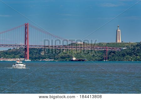 Lisbon Portugal. 29 March 2017.Tejo river and Tejo bridge in Lisbon Tejo bridge links the north and center of Portugal with the south. Lisbon Portugal. photography by Ricardo Rocha.