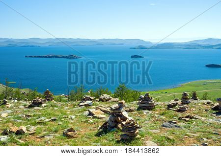 View of the Small Sea Strait, Lake Baikal, Russia. In the distance - Olkhon gate strait. On the left is Olkhon Island, on the right is the mainland