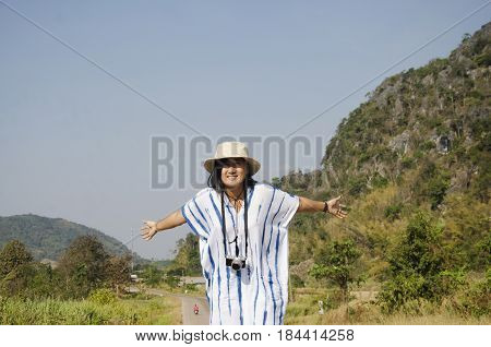 Thai Women People Travel And Posing On The Road Go To Suan Hin Pha Ngam Or Thailand's Kunming And Ph