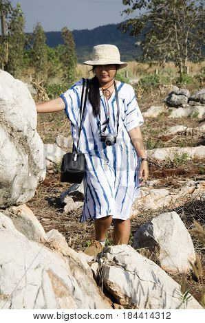 Thai Women People Travel And Posing With Stone Garden At Suan Hin Pha Ngam Or Thailand's Kunming