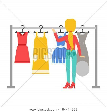 Woman choosing dresses during shopping or being in wardroom at home, colorful vector illustration isolated on a white background