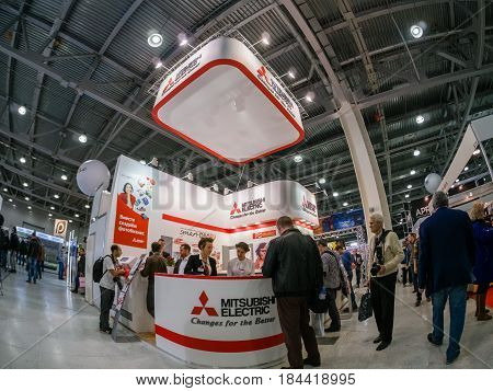MOSCOW RUSSIA - APRIL 21 2017: Booth of Mitsubishi Electric company at PhotoForum 2017 trade show and exhibition in Moscow Russia on April 21 2017.