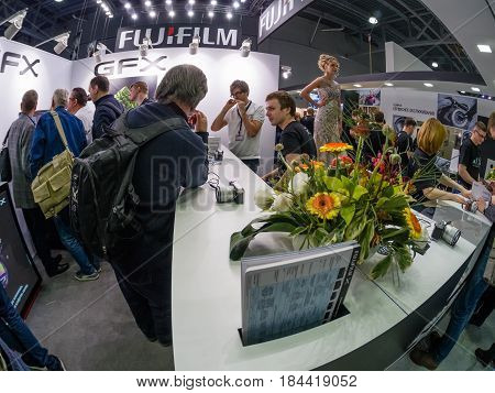 MOSCOW RUSSIA - APRIL 21 2017: Booth of Fujifilm company at PhotoForum 2017 trade show and exhibition in Moscow Russia on April 21 2017.