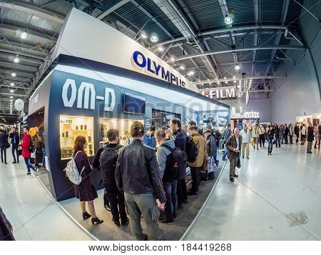 MOSCOW RUSSIA - APRIL 21 2017: Booth of Olympus company at PhotoForum 2017 trade show and exhibition in Moscow Russia on April 21 2017.