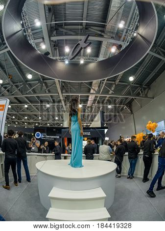 MOSCOW RUSSIA - APRIL 21 2017: Booth of Sony company at PhotoForum 2017 trade show and exhibition in Moscow Russia on April 21 2017.