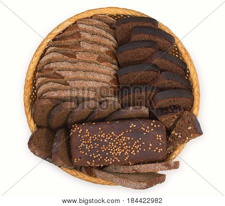Wicker Basket, Breadbasket, Bread-plate With Slices Of Dark Bread Isolated On A White Background. To