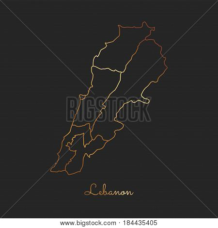 Lebanon Region Map: Golden Gradient Outline On Dark Background. Detailed Map Of Lebanon Regions. Vec