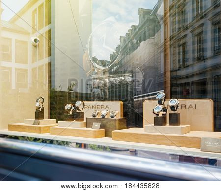 STRASBOURG FRANCE - APR 27 2017: Luxury watches in store made by Panerai on sale in hi-gh-end time fashion boutique.