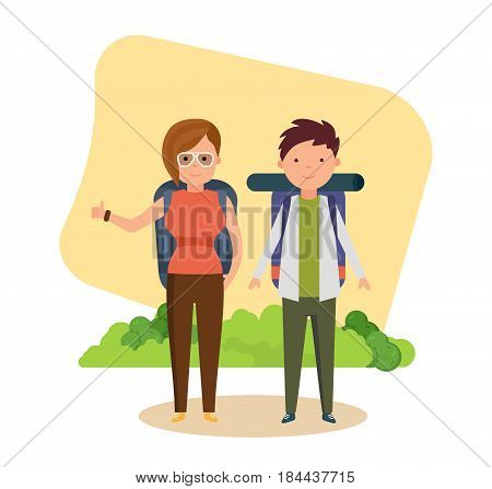 Summer vacation outdoor, camping and hiking. Tourists in adventure travel, go hiking and catch passing cars for movement. Modern vector illustration isolated in cartoon style.