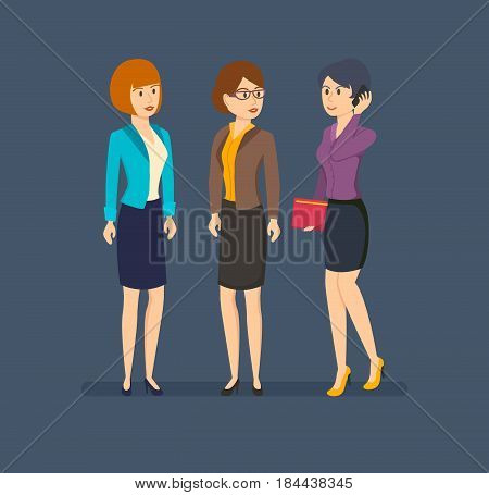Group of office workers. Office staff and clerk in strict business clothes, work with documents and talk on the phone. Vector illustration isolated in cartoon style.