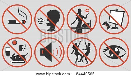 Ramadan rules signs. Some actions restricted during month of patience. Ramadan etiquette tips illustration. Stock vector.