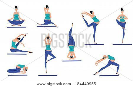 Colorful yoga poses set with pregnant women meditating and training in various positions isolated vector illustration