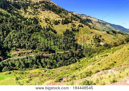 Road winds through forested hills in highlands of Huehuetenango, Guatemala, Central America