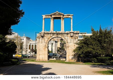 Hadrian's gate on a sunny day, Athens historical center, Greece. Horizontal.