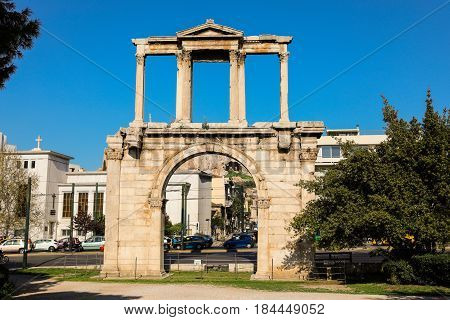 Hadrian's gate on a sunny day, Athens historical center, Greece. Horizontal.