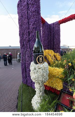NOORDWIJK NETHERLANDS - 22 APRIL 2017: Platform with tulips and hyacinths during the traditional flowers parade Bloemencorso from Noordwijk to Haarlem in the Netherlands.