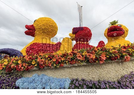 NOORDWIJK NETHERLANDS - 22 APRIL 2017: Platform with tulips and hyacinths during the traditional flowers parade Bloemencorso from Noordwijk to Haarlem in the Netherlands.