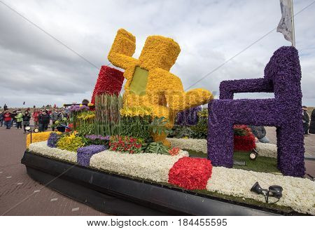 NOORDWIJK NETHERLANDS - 22 APRIL 2017: Platform with tulips and hyacinths during the traditional flowers parade Bloemencorso from Noordwijk to Haarlem in the Netherlands.