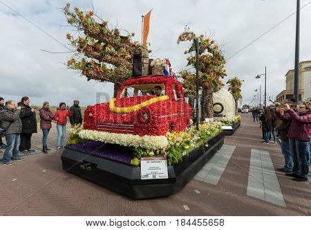 NOORDWIJK NETHERLANDS - 22 APRIL 2017: Platform with tulips and hyacinths during the traditional flowers parade Bloemencorso from Noordwijk to Haarlem in the Netherlands.