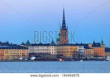 STOCKHOLM SWEDEN - APR 30 2017: Celebrating the spring with the Valborg bonfire at Riddarholmen in the evening April 30 2017 in Stockholm Sweden