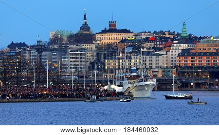 STOCKHOLM SWEDEN - APR 30 2017: Celebrating the spring with the Valborg bonfire at Riddarholmen in the evening April 30 2017 in Stockholm Sweden