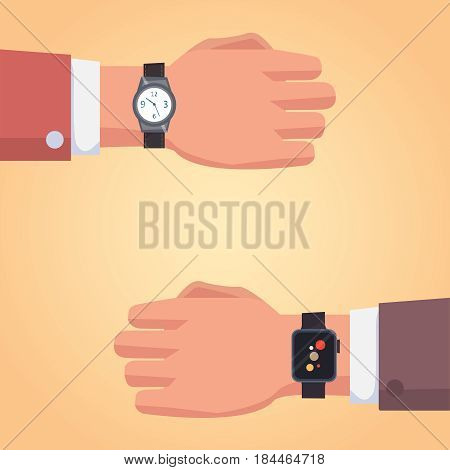 Smart watch on businessman hand. Illustration of a isolated smart watch icon. vector set.
