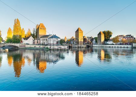 view of bridge Ponts Couverts with reflections of Strasbourg, France