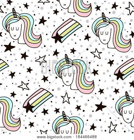 Cute seamless pattern with fairy unicorns and starfall. Childish texture for fabric textile. Scandinavian style. Vector Illustration