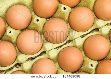Freerange fresh raw eggs in recycled paper egg cartons or on the straw.