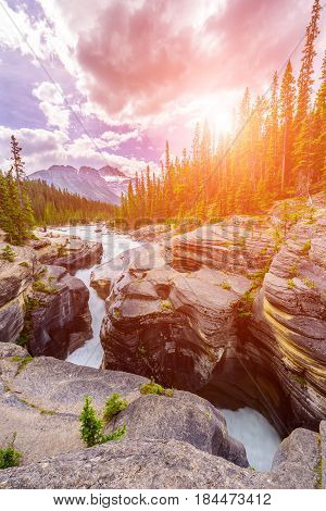 The Mistaya River Flows Through Mistaya Canyon In Banff National Park, Alberta Canada